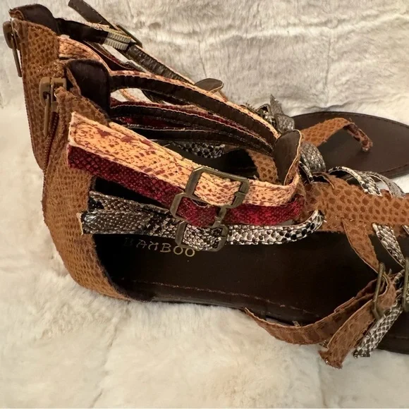 Bamboo Leather Strappy Gladiator T-Strap Sandals. Size 7.5. Snake print NEW - Picture 10 of 15